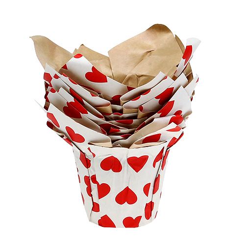 Floristik24 Bote de papel con corazones blanco-rojo Ø8cm H6,5cm 8pcs