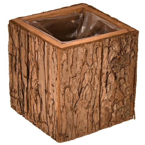 Jardinera cuadrada de madera con corteza de pino y macetero 12×12cm