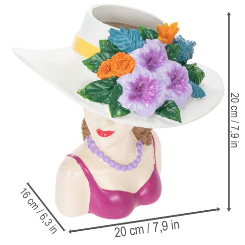 Artículo Jarrón con forma de mujer con sombrero y flores, maceta decorativa para interiores y exteriores, 20 cm.