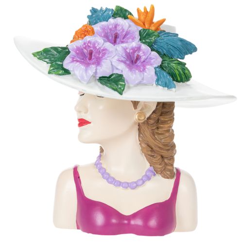 Artículo Jarrón con forma de mujer con sombrero y flores, maceta decorativa para interiores y exteriores, 20 cm.