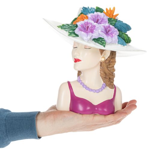 Artículo Jarrón con forma de mujer con sombrero y flores, maceta decorativa para interiores y exteriores, 20 cm.