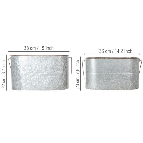 Artículo Maceta con asa, maceta de metal, jardinera, plateada, marrón, 22/20 cm de alto x 42/40 cm de largo, juego de 2