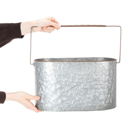 Artículo Maceta con asa, maceta de metal, jardinera, plateada, marrón, 22/20 cm de alto x 42/40 cm de largo, juego de 2