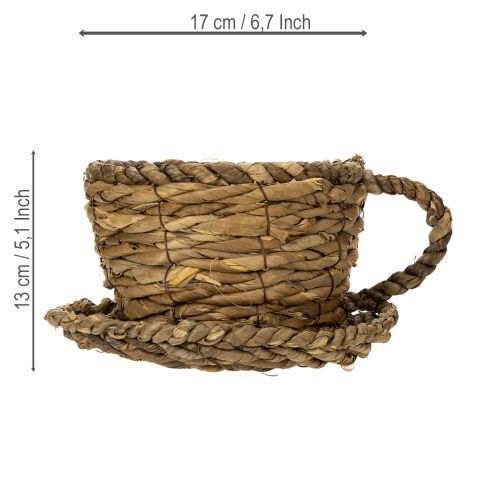 Artículo Vaso para plantar con platillo, pequeña cesta de paja para plantar, Ø17cm H13cm