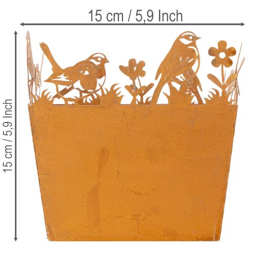 Maceta metálica con pájaros, plantador, resorte, acabado oxidado, 15,5 cm de alto. | Floristik24.es