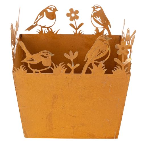 Maceta metálica con pájaros, plantador, resorte, acabado oxidado, 15,5 cm de alto. | Floristik24.es