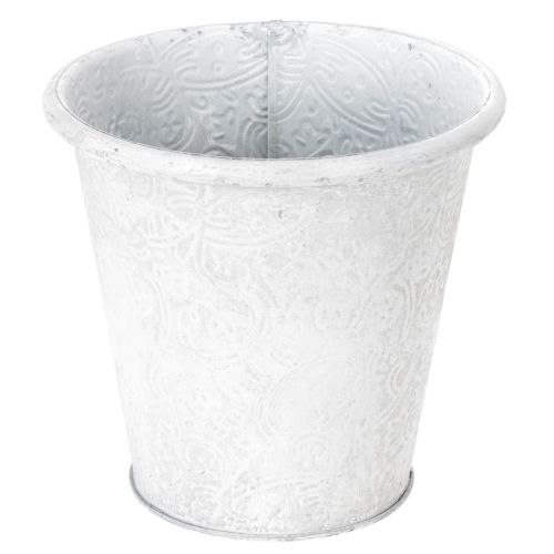 Floristik24 Maceta con adornos, maceta decorativa, recipiente de metal, blanco, Ø15,5 cm, H14,5 cm