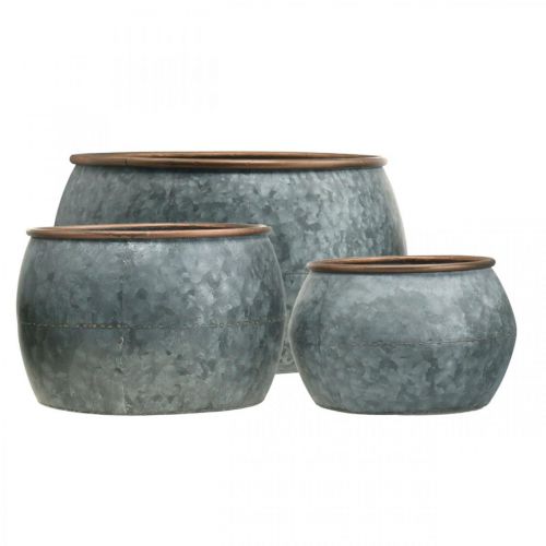 Artículo Maceta decorativa, macetero, recipiente de metal plateado, color cobre aspecto antiguo H22 / 20,5 / 16,5 cm Ø39 / 30,5 / 25 cm juego de 3