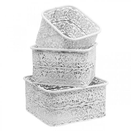 Artículo Cuencos de metal patrón de encaje, recipiente decorativo cuadrado, shabby chic, blanco 27/23/19cm Al.13,5cm juego de 3