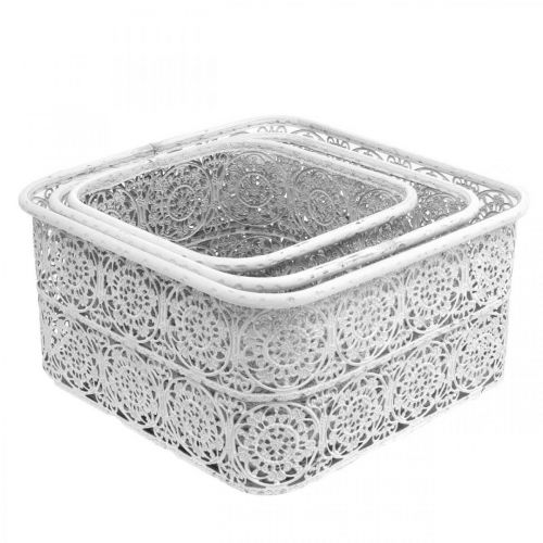 Artículo Cuencos de metal patrón de encaje, recipiente decorativo cuadrado, shabby chic, blanco 27/23/19cm Al.13,5cm juego de 3