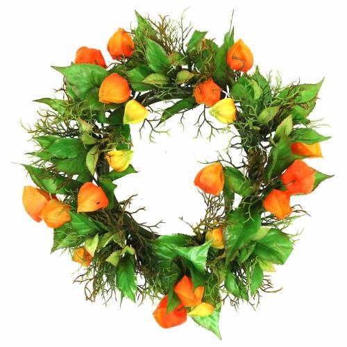 Floristik24 Corona de Physalis naranja artificial, verde Ø28cm decoración de otoño