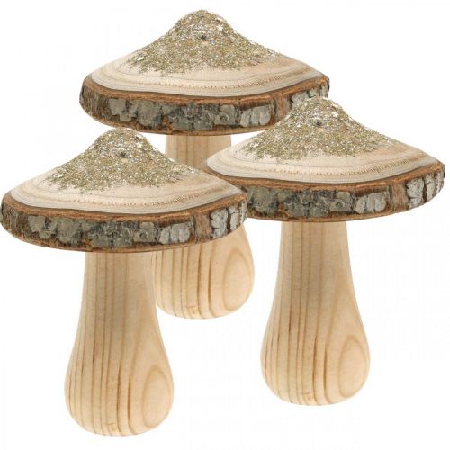 Corteza de champiñón de madera y champiñones decorativos brillantes madera H11cm 3pcs