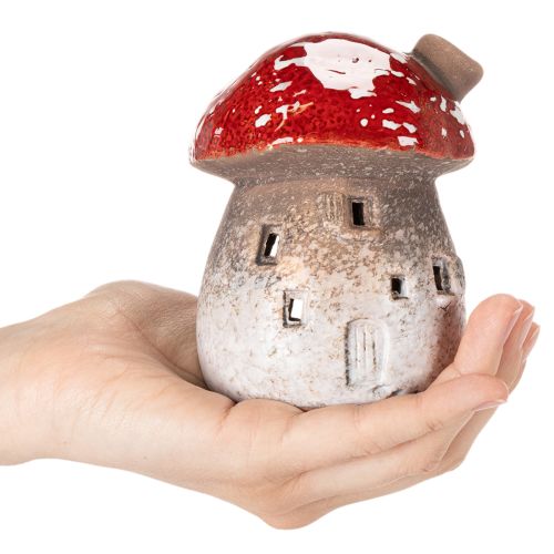 Figura decorativa de casa de hongos con faro y amanita muscaria con chimenea, 10 cm, 2 unidades. | Floristik24.es
