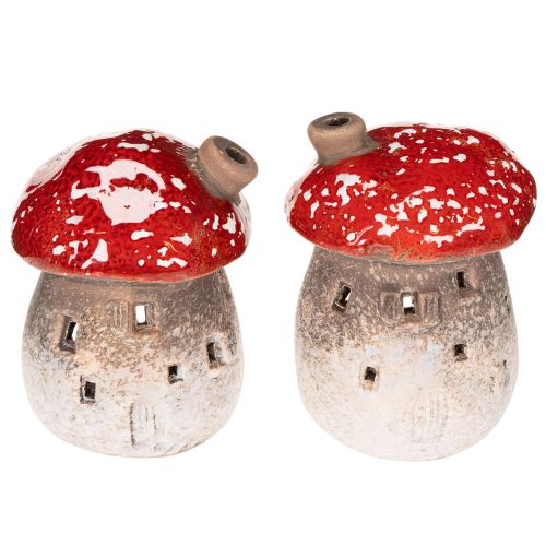 Figura decorativa de casa de hongos con faro y amanita muscaria con chimenea, 10 cm, 2 unidades. | Floristik24.es