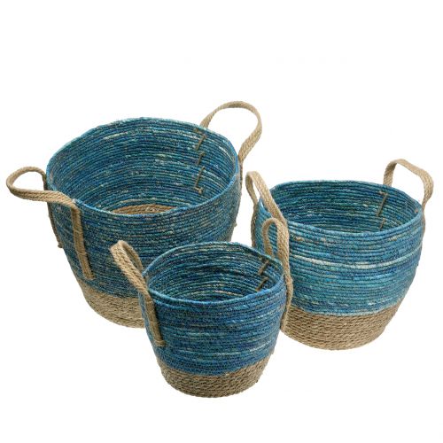 Floristik24 Cesta rattan natural/azul Ø40/32/26cm 3pcs