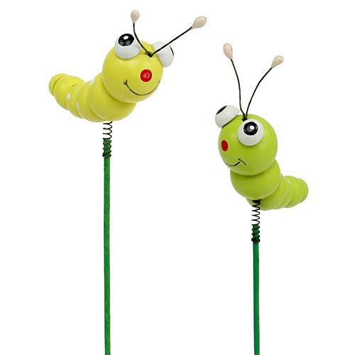 Artículo Oruga de madera sobre palo verde, amarillo 8cm 24 piezas