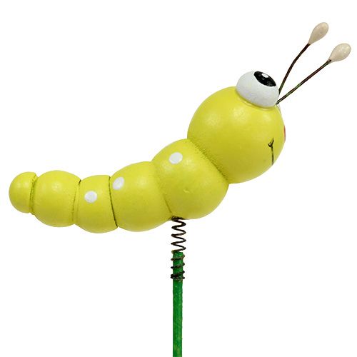 Artículo Oruga de madera sobre palo verde, amarillo 8cm 24 piezas