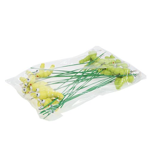 Artículo Oruga de madera sobre palo verde, amarillo 8cm 24 piezas