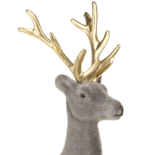 Artículo Decoración de ciervo sentado flocado gris dorado 15×6×15,5cm 3 piezas