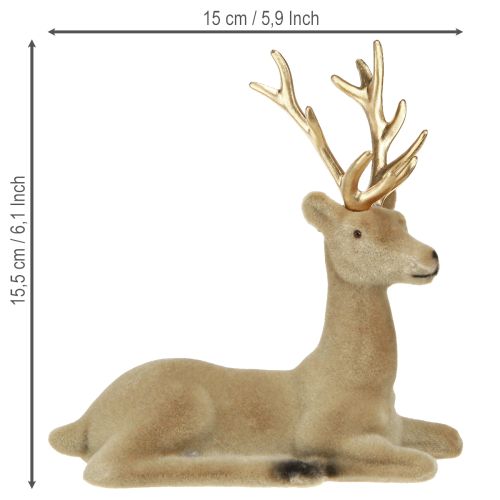 Artículo Decoración de ciervo sentado flocado marrón claro 15×6×15,5cm