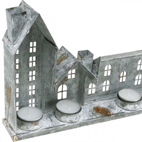 Floristik24 Casas para iluminación, decoración de ventanas, casas de luz plateadas, farol de metal aspecto antiguo L67.5cm H20cm