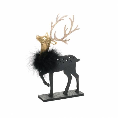 Floristik24 Decoración para el reno de mesa navideño con boa de plumas y purpurina negro, dorado 22,5 × 13cm 2ud