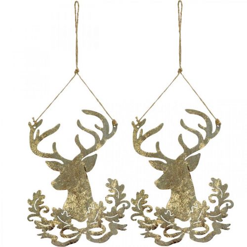 Artículo Reno para colgar, decoración navideña, cabeza de ciervo, colgante de metal dorado aspecto antiguo H23cm 2 piezas