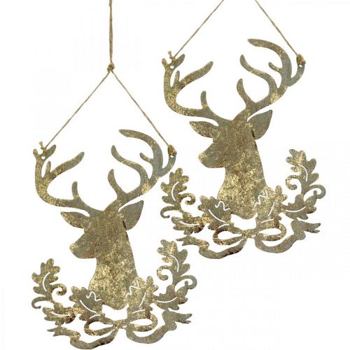 Artículo Reno para colgar, decoración navideña, cabeza de ciervo, colgante de metal dorado aspecto antiguo H23cm 2 piezas