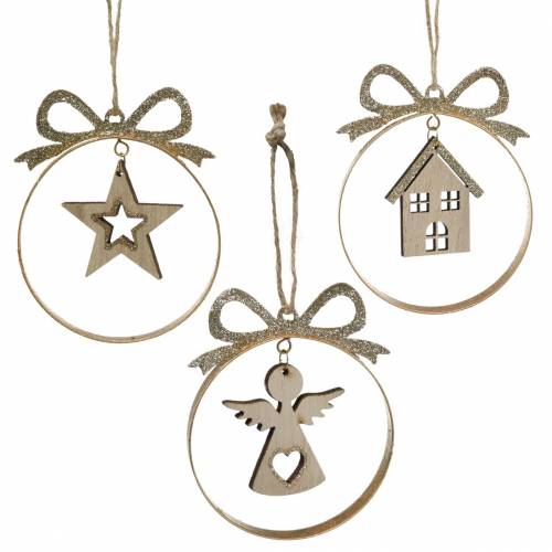 Floristik24 Percha decorativa Bola de árbol de Navidad con estrella, ángel y casa de metal, madera Ø8.5cm H11cm 3ud