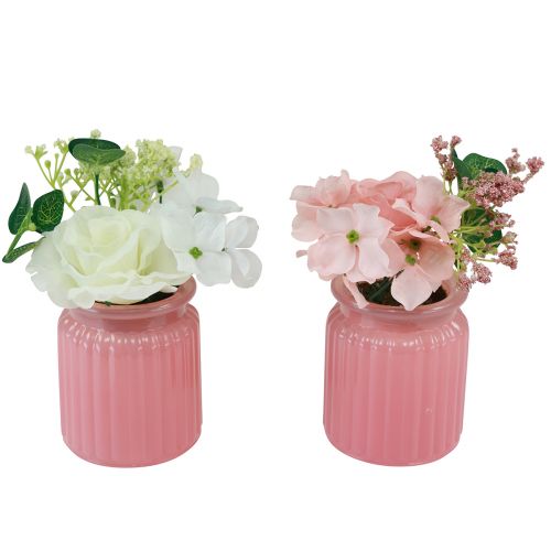 Floristik24 Rosa artificial en maceta de vidrio rosa blanco Al. 16 cm 2 piezas