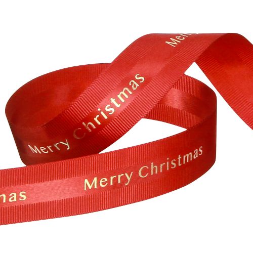Artículo Cinta navideña roja con inscripción dorada &#39;Merry Christmas&#39;, ancho 25 mm, largo 20 m