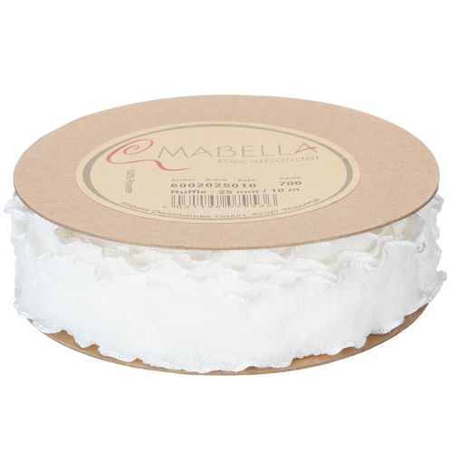 Cinta de organza blanca con volantes, cinta decorativa, 25 mm de ancho, 10 m de largo. | Floristik24.es