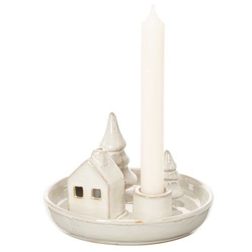 Portavelas decorativo de cerámica con casa y árboles, 16 cm | Floristik24.es