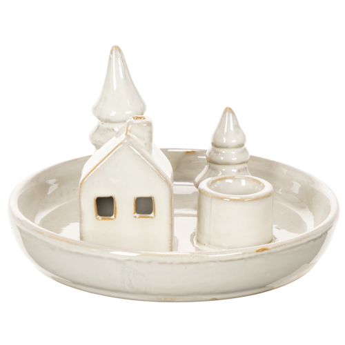 Portavelas decorativo de cerámica con casa y árboles, 16 cm | Floristik24.es
