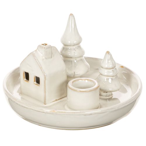 Portavelas decorativo de cerámica con casa y árboles, 16 cm | Floristik24.es