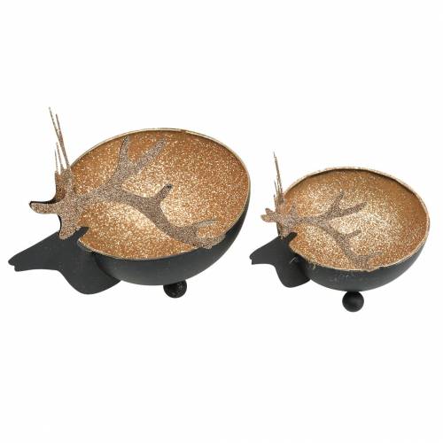 Artículo Cuenco con Cabeza de Reno Negro, Metal Dorado Ø11/14cm Juego de 2