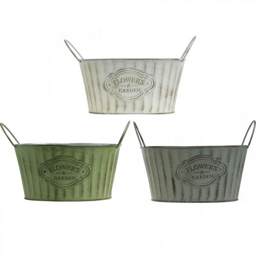 Floristik24 Cuenco de metal, maceta de flores de primavera, jardinera con asas verde, blanco, gris Ø21cm H15.5cm juego de 3