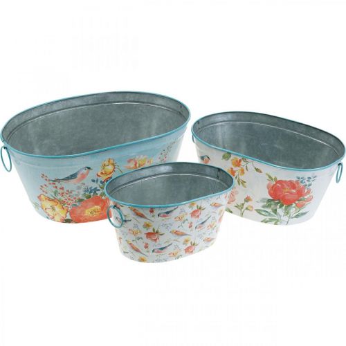 Cuencos para plantas, primavera, jardinera flores / pájaros, contenedor de metal ovalado L39 / 31 / 24.5cm juego de 3