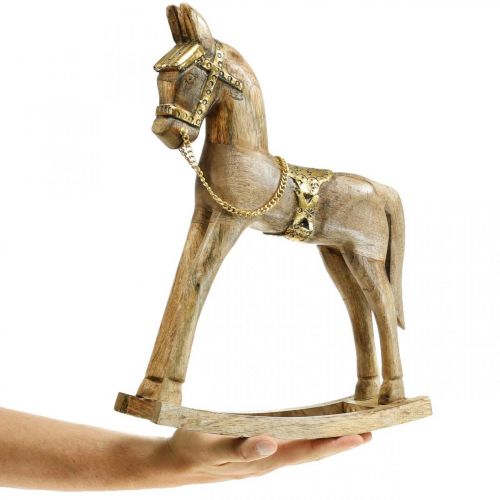 Floristik24 Caballo mecedor decorativo madera maciza naturaleza navideña, dorado 28 × 39 × 9,5cm