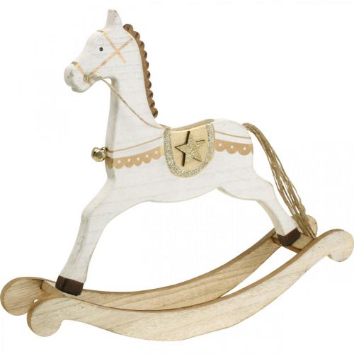 Artículo Caballito balancín de madera, adorno navideño Blanco Dorado Al. 32,5 cm