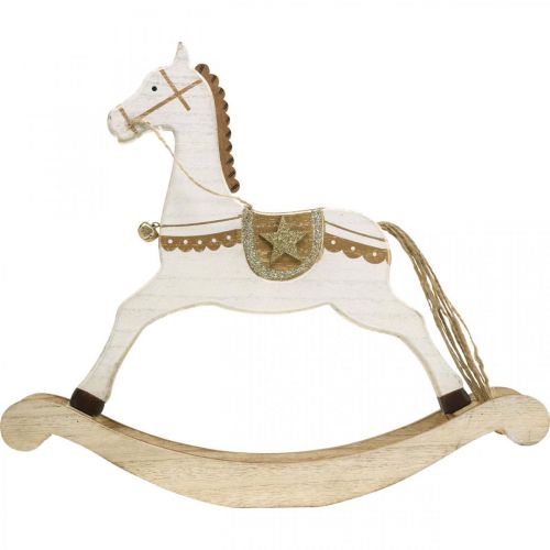 Artículo Caballito balancín de madera, adorno navideño Blanco Dorado Al. 32,5 cm