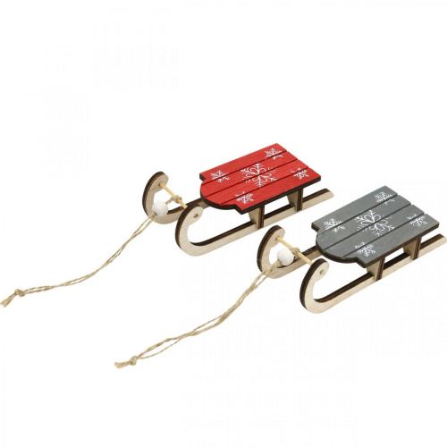 Floristik24 Trineo de madera, decoración de invierno para colgar, decoración de Adviento gris / rojo L13cm 6pcs
