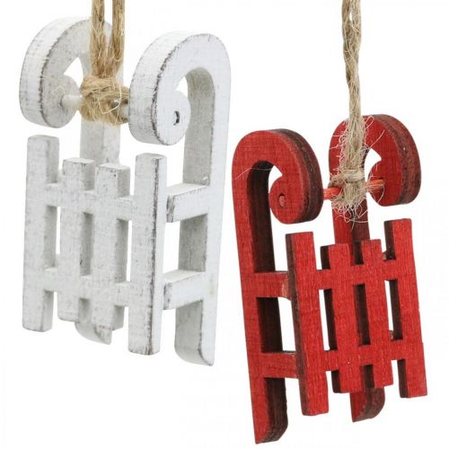 Artículo Trineo decorativo para colgar, adornos para árboles de Navidad, adornos de invierno blanco / rojo L4.5cm 12pcs