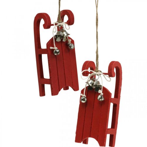 Artículo Deco trineo de madera rojo con cordón de campana L13cm 4pcs