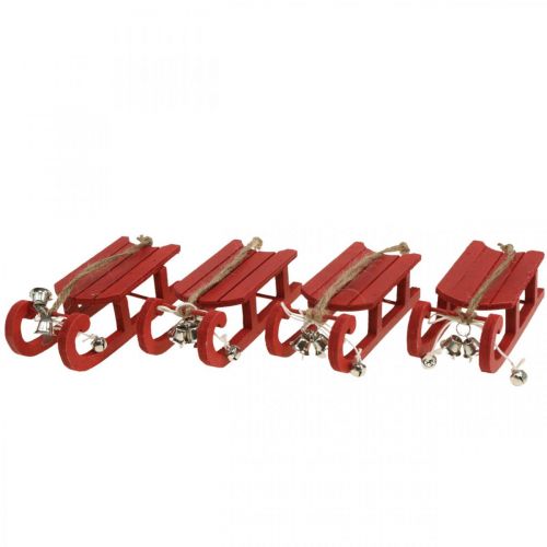 Floristik24 Trineo decorativo de madera rojo con cordón de campana L13cm 4 piezas
