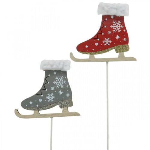 Deco plug patines de hielo, decoración navideña, plug de madera gris, rojo L32cm 8pcs