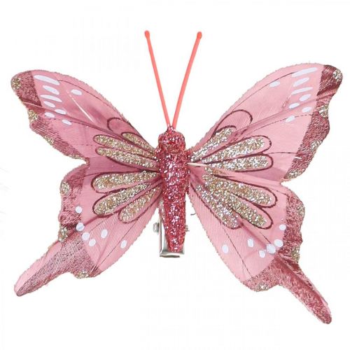 Floristik24 Mariposas decorativas con clip, mariposas de plumas rosas 4,5–8cm 10uds