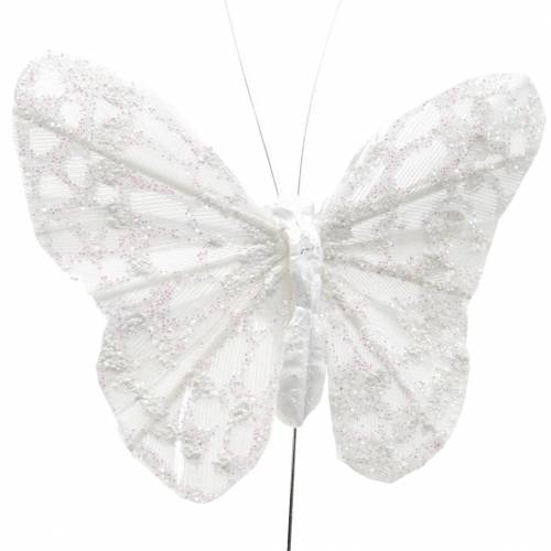 Floristik24 Mariposa de plumas con alambre blanco, purpurina 5cm 24 piezas