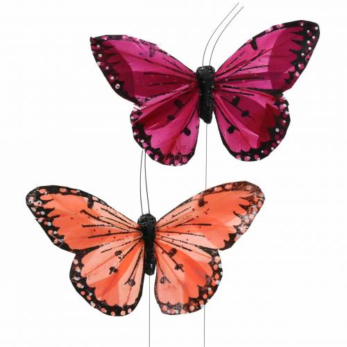 Floristik24 Pluma mariposa con alambre color salmón y morado 10cm 12p