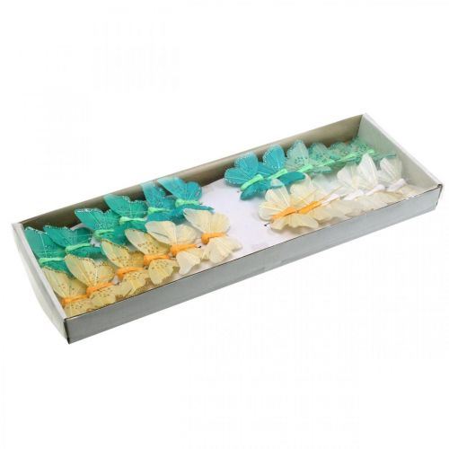 Floristik24 Mariposa con purpurina, tapón decorativo, mariposa de plumas primaveral amarillo, turquesa, verde 4×6,5cm 24 piezas